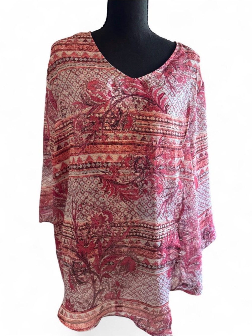 Chico’s Pink Red Paisley Boho Print Sheer Lightweight Blouse Top